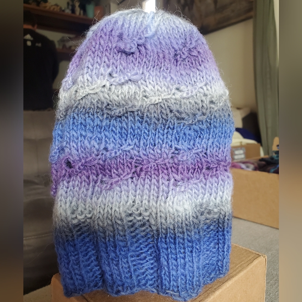Handmade Knit Blue & Purple Wool Hat